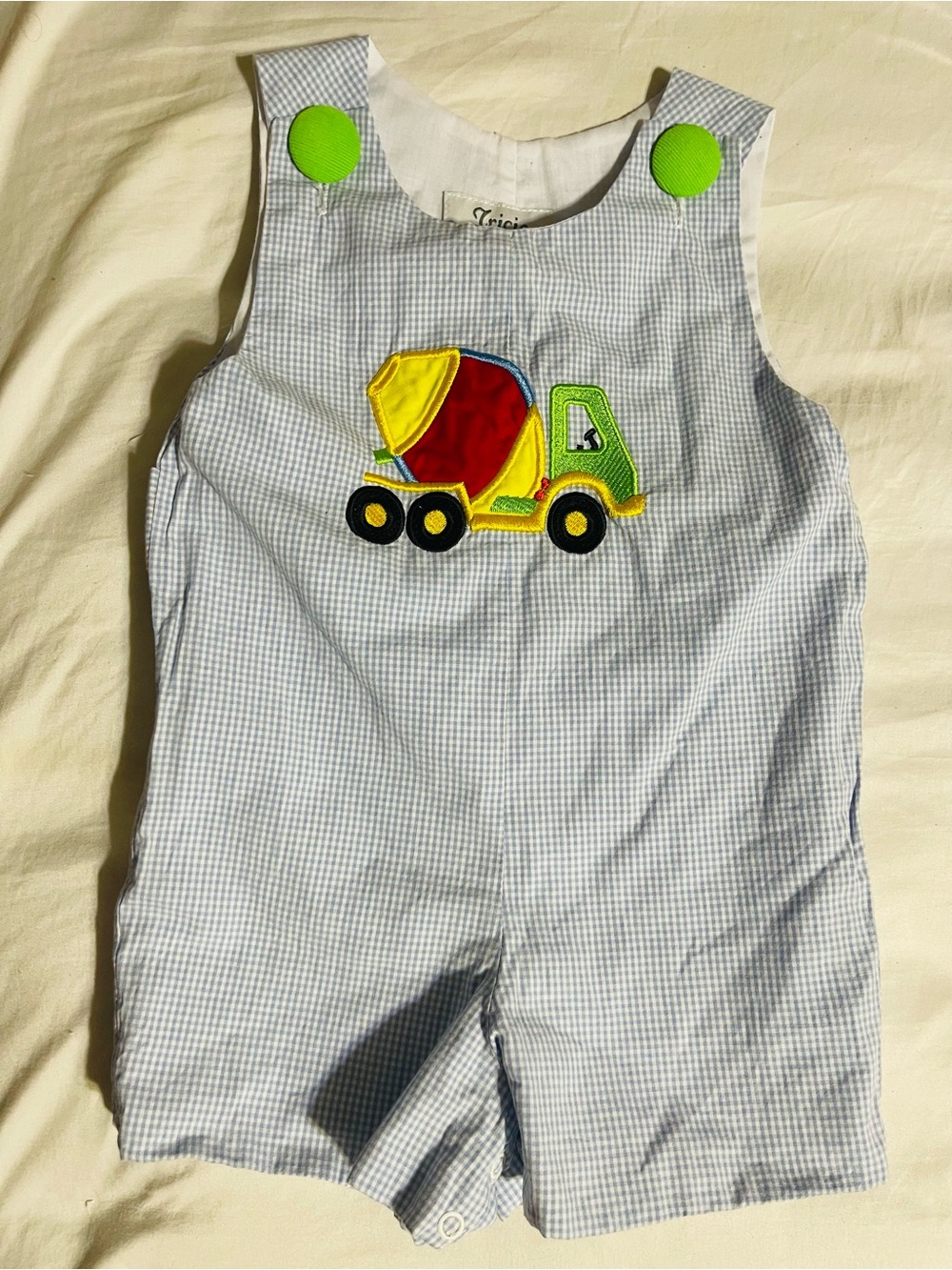 Tricia Size 12 months Romper Jon Jon Gingham Shortall Truck